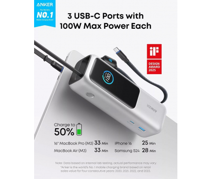 Baterie Externa Anker, 25000mAh, 165W, QC + PD, 1 x USB-A - 3 x USB-C,