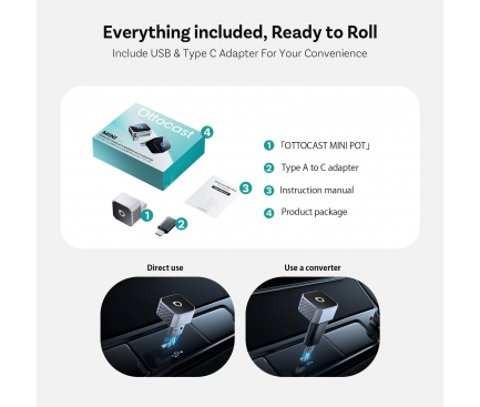 Adaptor Carplay / Android Auto Wireless Ottocast Mini Cube Style C