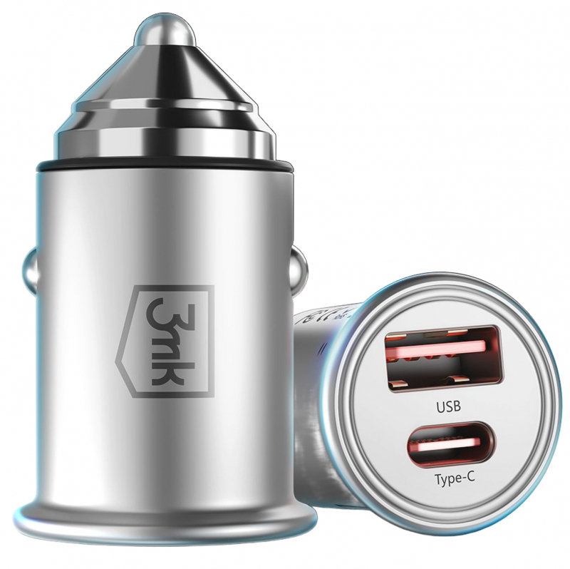 Incarcator Auto 3MK HyperCharger, 30W, 5A, 1 x USB-A - 1 x USB-C, Argintiu