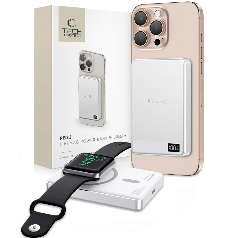 Baterie Externa Tech-Protect PB33 LifeMag, 5000mAh, 15W, FQI, 1 x QI - 1 x USB-C, Gri