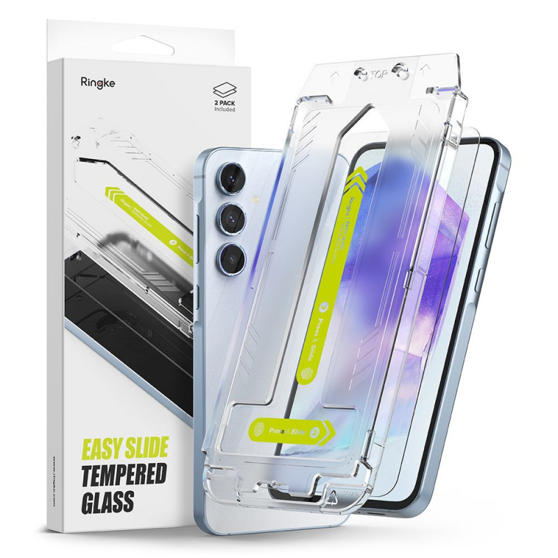 Folie de protectie Ecran Ringke Easy Slide pentru Samsung Galaxy A55 5G A556, Sticla Securizata, Full Glue, Set 2 bucati 