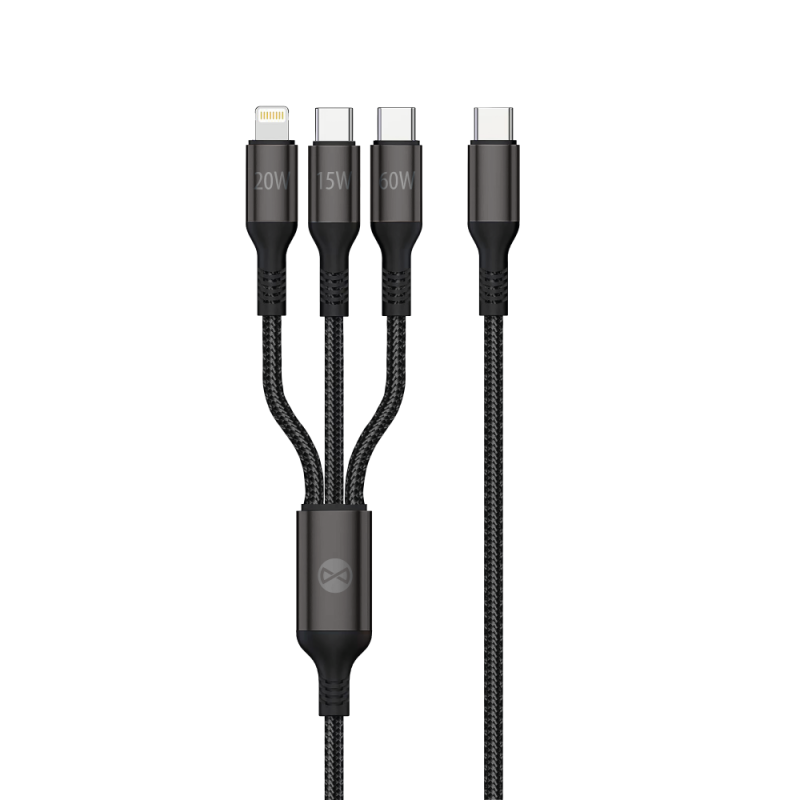 Cablu Incarcare USB-A - Lightning / 2 x USB-C Forever 3in1, 60W, 1.2m, Negru