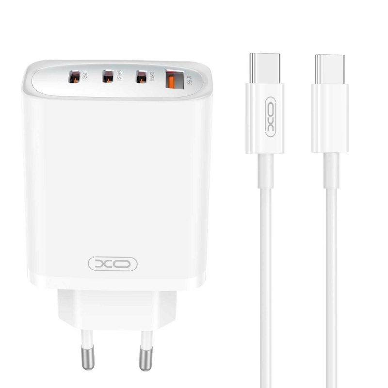 Incarcator Retea Cu Cablu USB-C XO Design CE23, 65W, 3.25A, 1 x USB-A - 3 x USB-C, Alb 