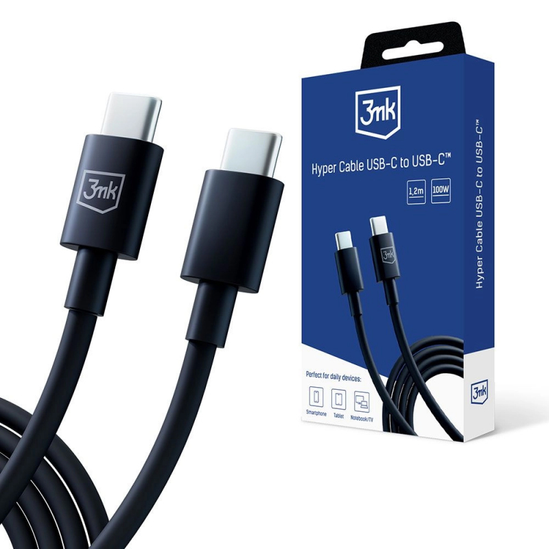 Cablu Date si Incarcare USB-C - USB-C 3MK Hyper, 100W, 1.2m, Negru 