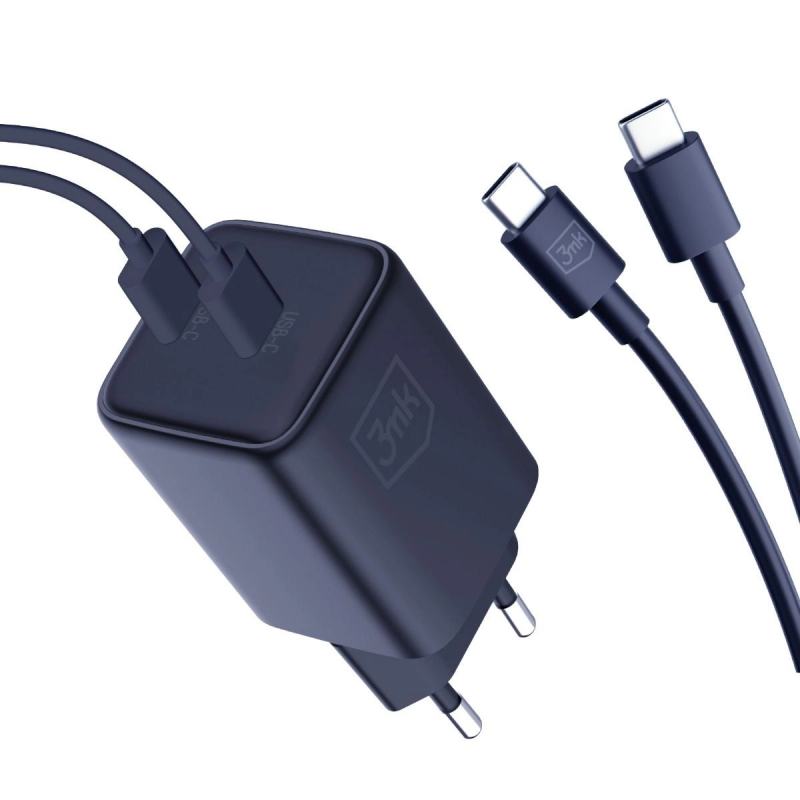 Incarcator Retea Cu Cablu USB-C 3MK HyperCharger, 45W, 3A, 2 x USB-C, Negru 