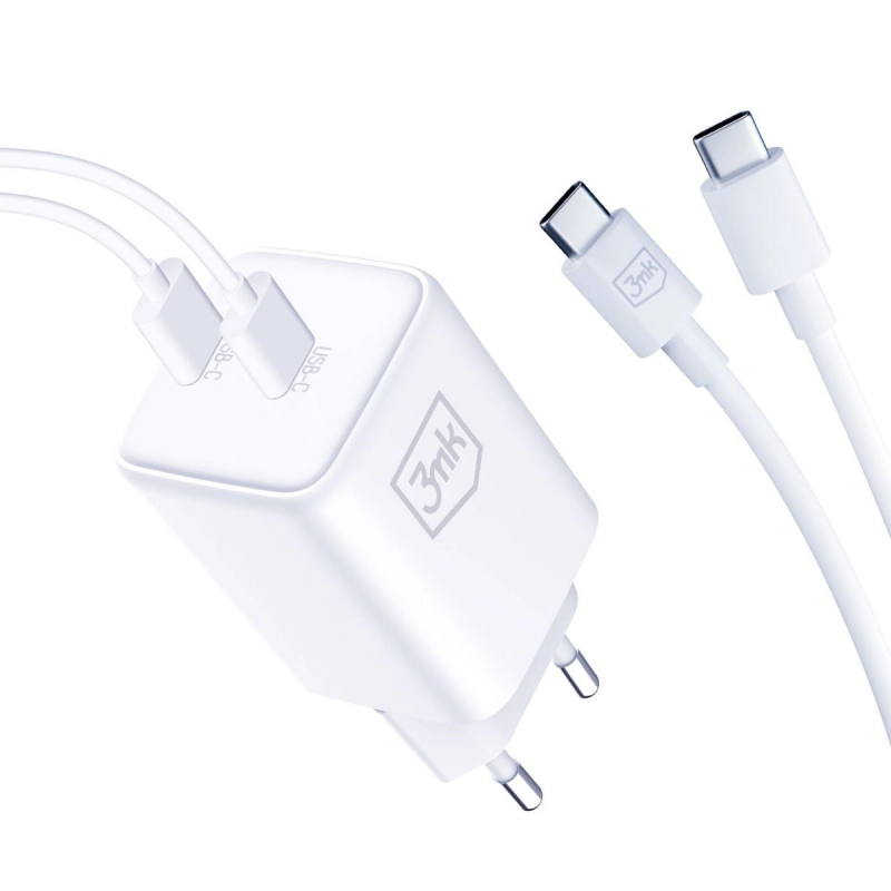 Incarcator Retea Cu Cablu USB-C 3MK HyperCharger, 45W, 3A, 2 x USB-C, Alb 