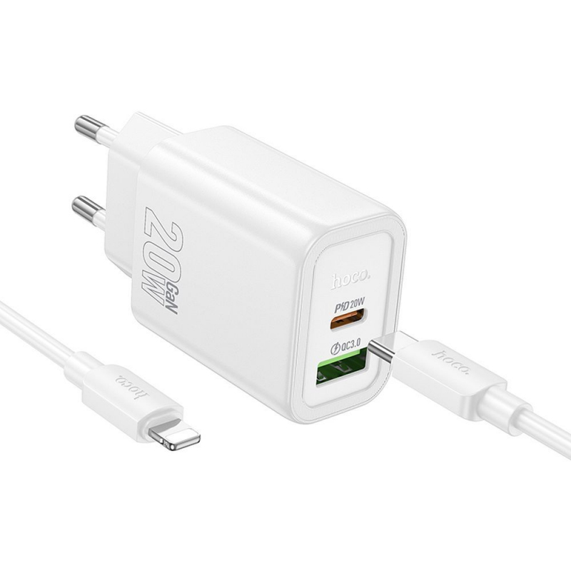 HOCO N61 Lightning Cable Wall Charger, 20W, 3A, 1 x USB-A - 1 x USB-C, White