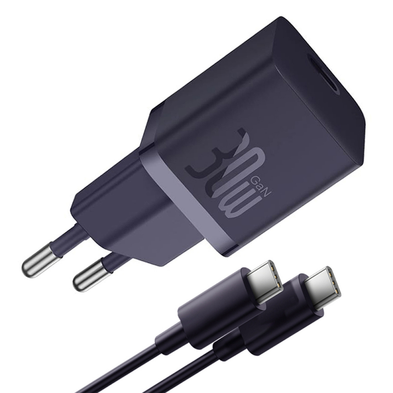 Incarcator Retea Cu Cablu USB-C Baseus GaN Mini 1C, 30W, 3A, 1 x USB-C, Mov P10110902523-00 