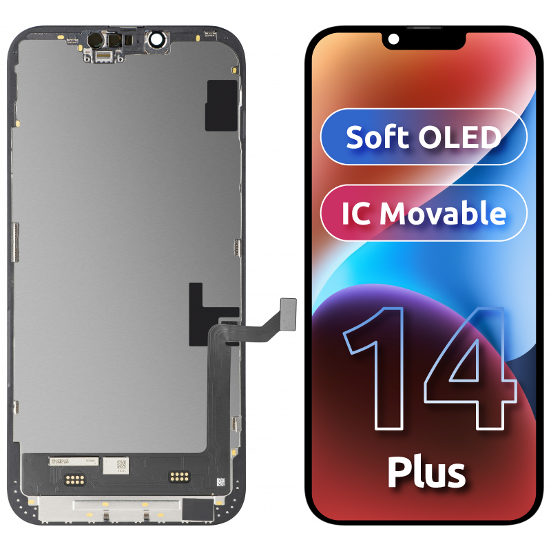 Display cu Touchscreen MP compatibil cu Apple iPhone 14 Plus, cu Rama, Versiune Soft OLED FHD IC Movable, Negru 