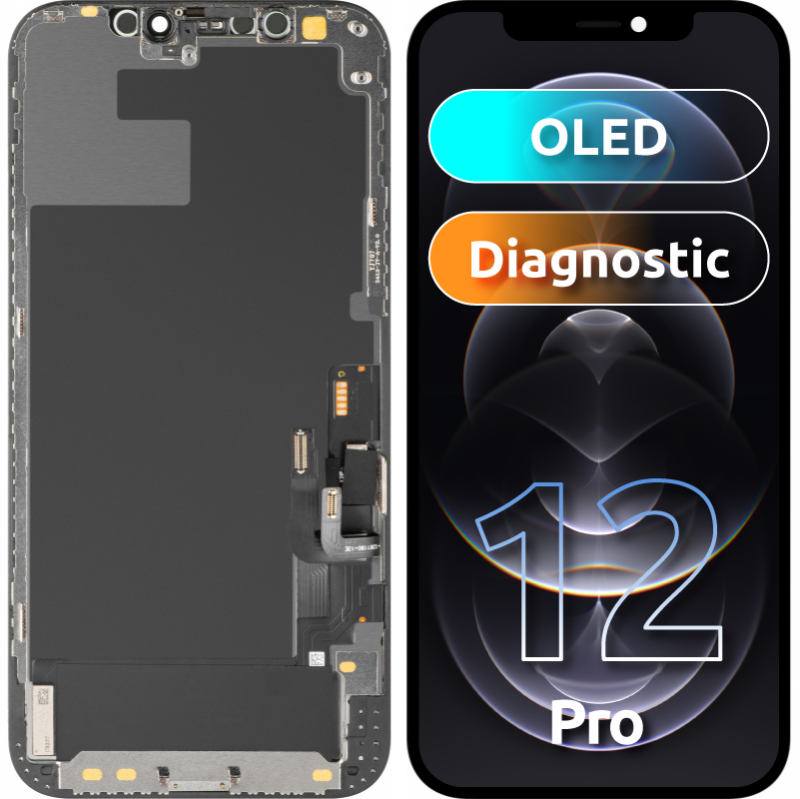 Displej sa Touchscreen MP kompatibilan sa Apple iPhone 12 / 12 Pro, sa Ramom, Verzija OLED Dijagnostika, Crni 