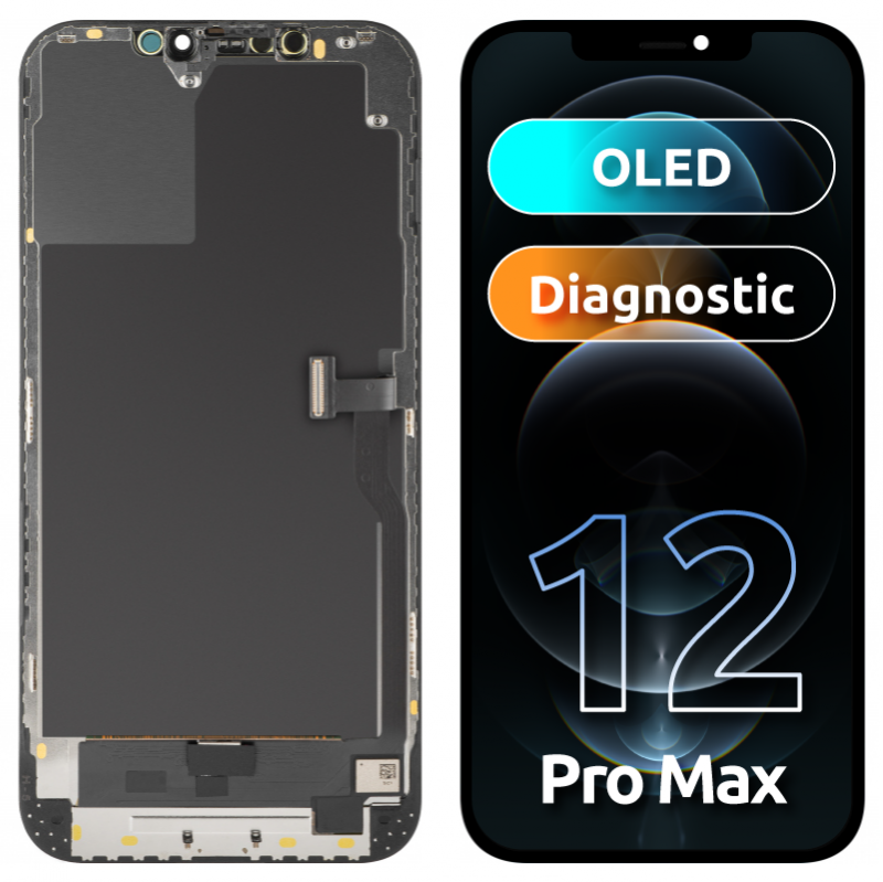 Display cu Touchscreen MP compatibil cu Apple iPhone 12 Pro Max, cu Rama, Versiune OLED Diagnostic, Negru 