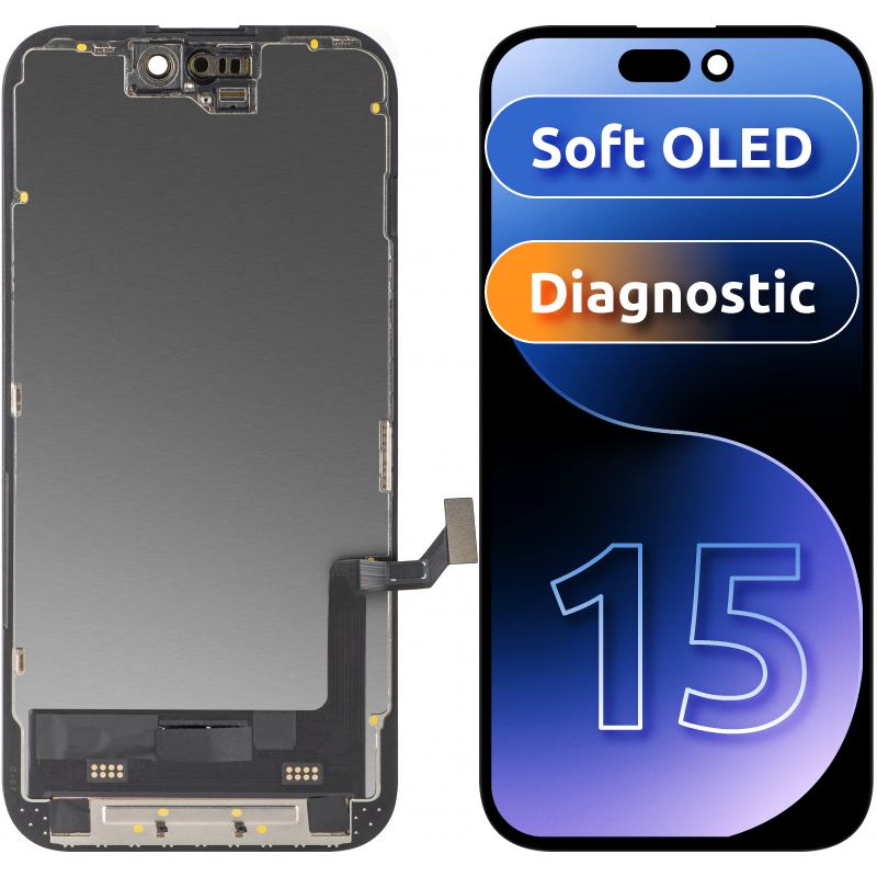 Display cu Touchscreen MP compatibil cu Apple iPhone 15, cu Rama, Versiune Soft OLED FHD Diagnostic, Negru Display cu Touchscreen MP compatibil cu Apple iPhone 15, cu Rama, Versiune Soft OLED FHD Diagnostic, Negru