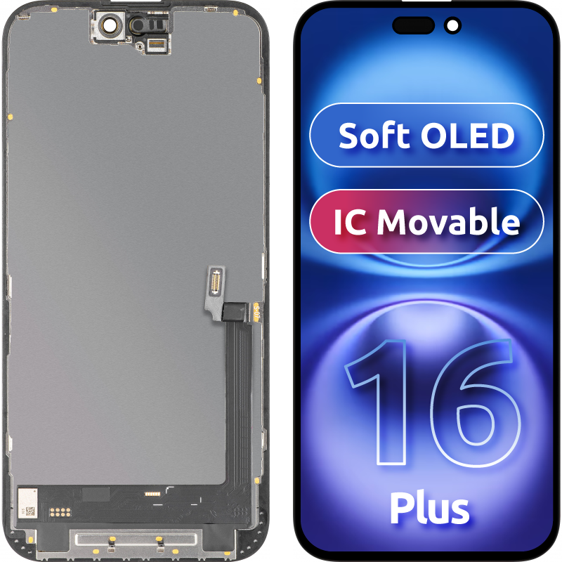 Display cu Touchscreen MP compatibil cu Apple iPhone 16 Plus, cu Rama, Versiune Soft OLED IC Movable FHD, Negru 