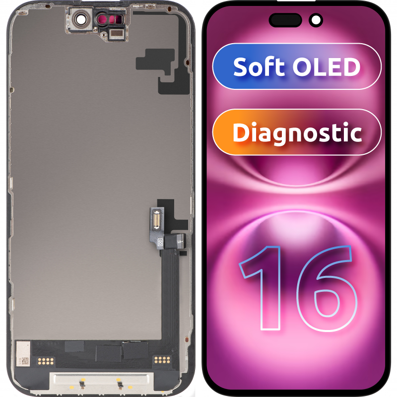 Display cu Touchscreen MP compatibil cu Apple iPhone 16, cu Rama, Versiune Soft OLED FHD Diagnostic, Negru 