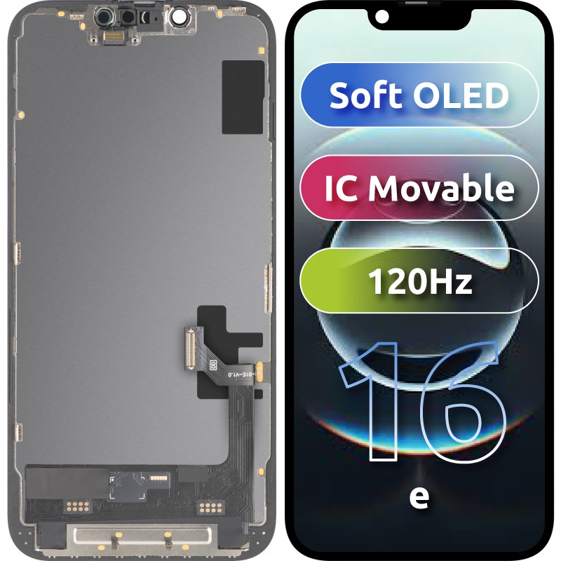 Display cu Touchscreen MP compatibil cu Apple iPhone 16e, cu Rama, Versiune Soft OLED FHD 120Hz IC Movable, Negru 