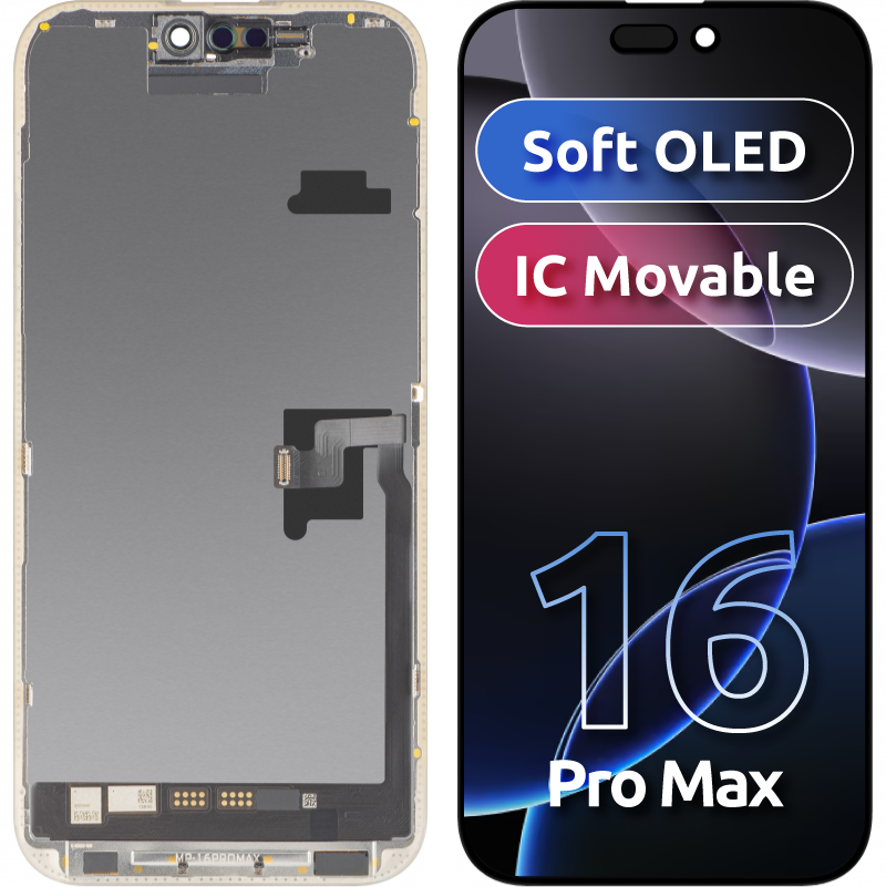 MP Touchscreen Display compatible with Apple iPhone 16 Pro Max, with Frame, Soft OLED FHD Movable IC Version, Black 