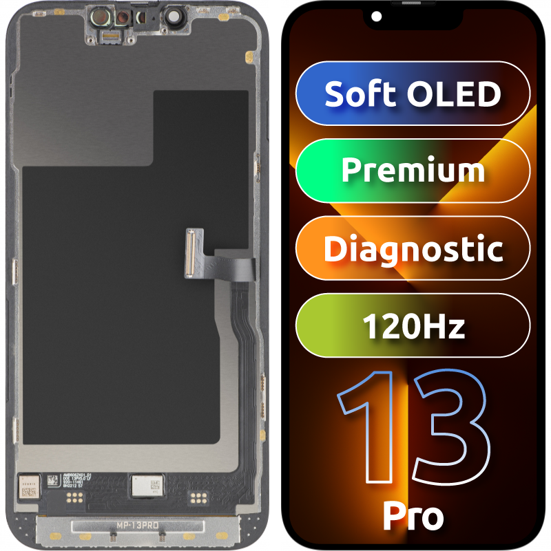 Display cu Touchscreen MP compatibil cu Apple iPhone 13 Pro, cu Rama, Versiune Premium Soft OLED FHD 120Hz Diagnostic, Negru 