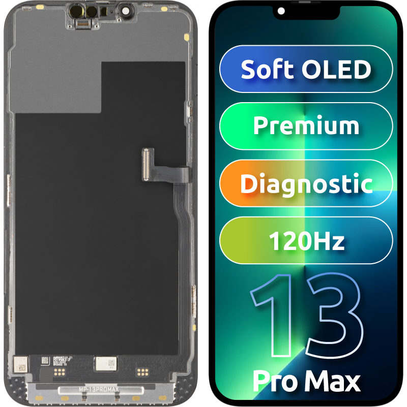 Display cu Touchscreen MP compatibil cu Apple iPhone 13 Pro Max, cu Rama, Versiune Premium Soft OLED FHD 120Hz Diagnostic, Negru 