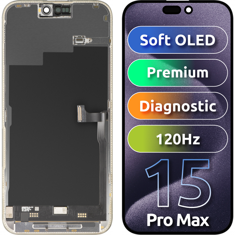 Display cu Touchscreen MP compatibil cu Apple iPhone 15 Pro Max, cu Rama, Versiune Premium Soft OLED FHD 120Hz Diagnostic, Negru 