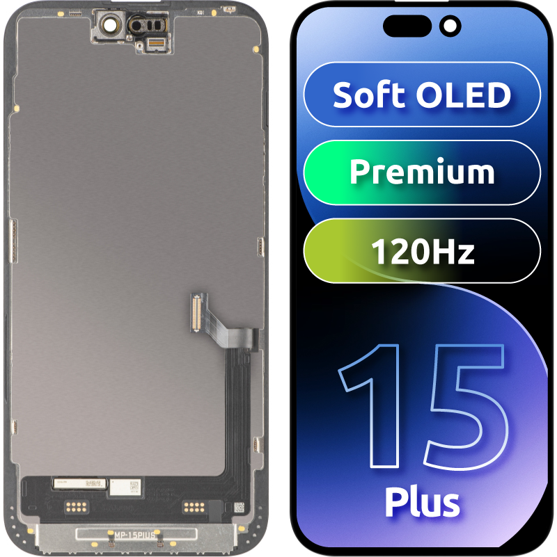 Display cu Touchscreen MP compatibil cu Apple iPhone 15 Plus, cu Rama, Versiune Premium Soft OLED FHD 120Hz, Negru 