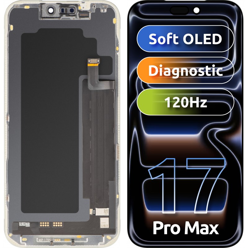 Display cu Touchscreen MP compatibil cu Apple iPhone 17 Pro Max, cu Rama, Versiune Soft OLED FHD Diagnostic, Negru Display cu Touchscreen MP compatibil cu Apple iPhone 17 Pro Max, cu Rama, Versiune Soft OLED FHD Diagnostic, Negru